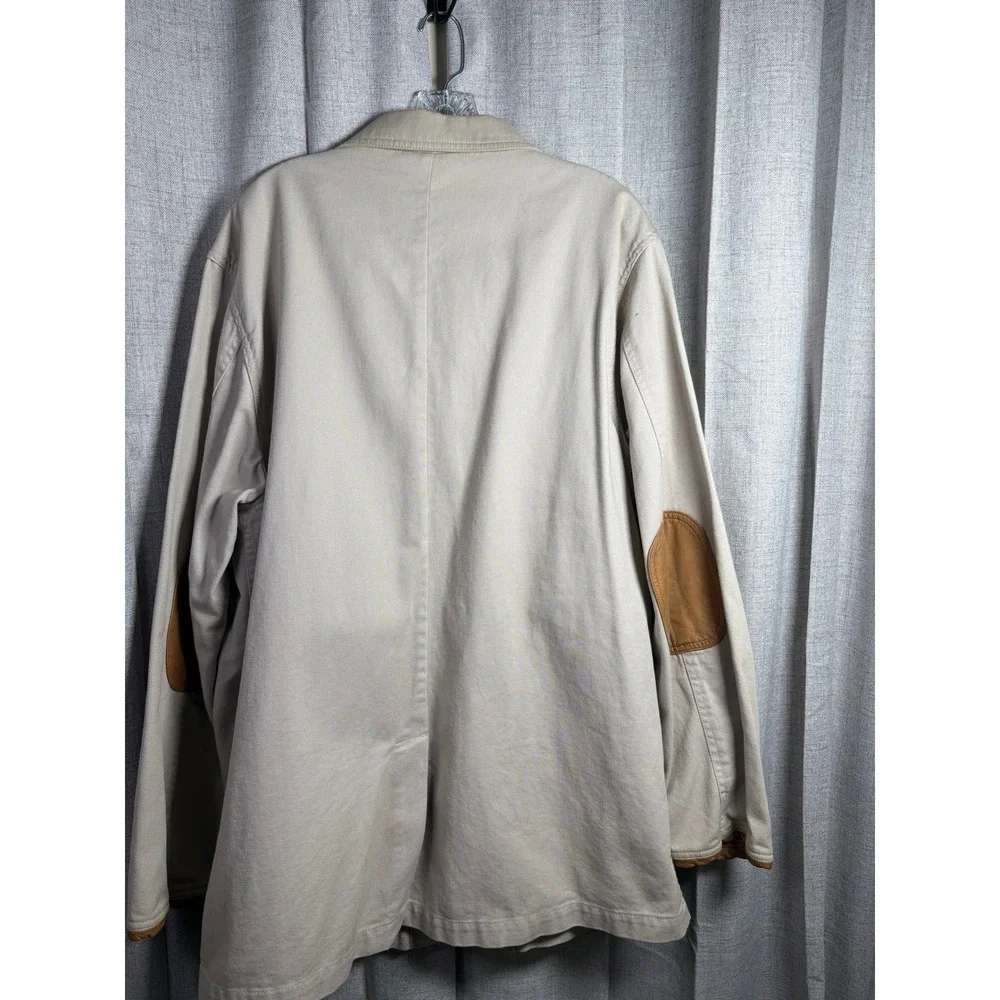Orvis Mens 46T Cotton Field Jacket Leather Elbow Patches Khaki Tan Sport Coat